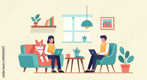 Cozy home scene with people working remotely on laptops