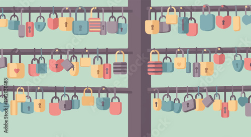 Colorful padlocks hang on metal racks against a light green background