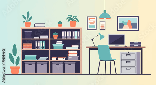 Cozy home office with bookshelf, desk, computer, chair, and plants