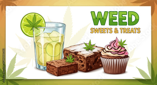 Delicious baked goods and a refreshing drink, accented with green cannabis leaves
