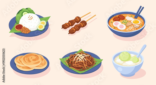 Delicious assortment of six different Asian dishes, presented in a flat, pixelated style