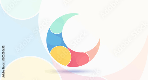 Colorful abstract crescent shape formed by segmented circles on soft gradient background