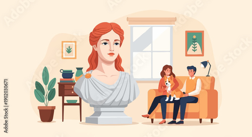 Couple relaxing at home with a dog and antique bust