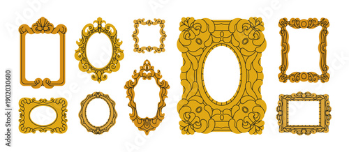 Vintage frames set. Antique old golden wooden border decorations in classic and baroque historical style. Gallery and history museum art display. Flat vector illustration isolated on white background
