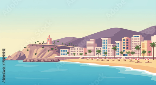 Coastal city with buildings and beach against purple mountains