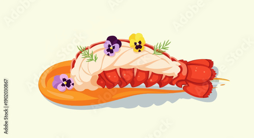 Delicious seafood dish with edible flowers on a plate