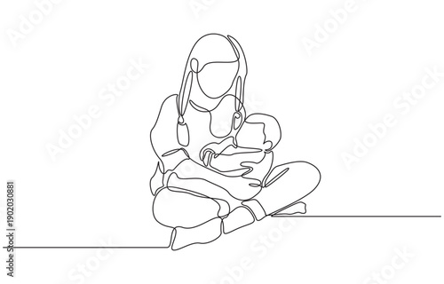 Continuous one line drawing of girl sitting and holding her baby sibling, sibling bond concept, single line art.
