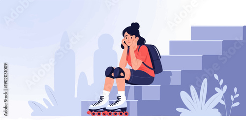 Depressed girl on roller skates sits on steps with hands on face