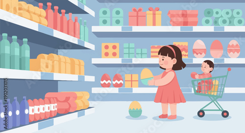 Children in a store, selecting colorful Easter eggs and other goods