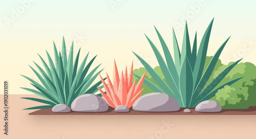 Desert landscape featuring agave plants and rocks against a muted sky