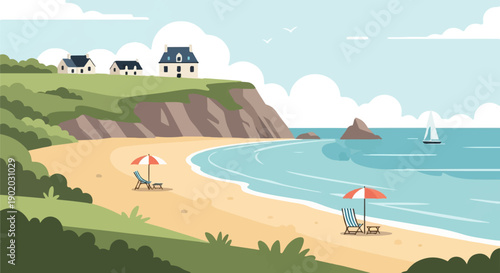 Coastal scene with houses on cliff, beach, and sailboat