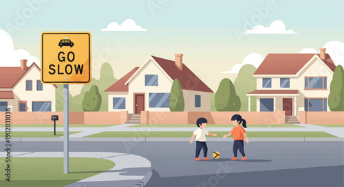Children play near a street sign in a suburban neighborhood