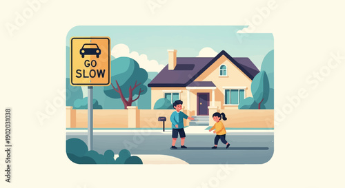 Children near house and traffic sign