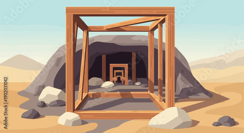 Desert landscape with cave entrance framed by wooden mine structure