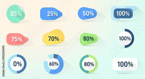 Colorful abstract percentage graphics with flat design and shadows