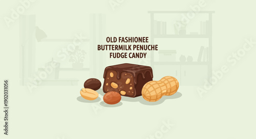 Chocolate fudge candy with peanuts and nuts on a shelf background