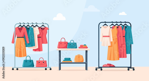 Clothing racks and a display table with dresses, shirts, bags, and shoes