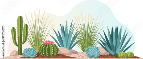 Desert oasis with various cacti, succulents, and tall grasses on textured ground