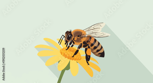 Detailed illustration of a bee collecting nectar from a yellow flower