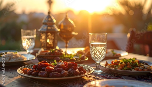 A table set with dishes & drinks, illuminated by sunset, with decorative lanterns