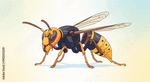 Detailed illustration of a large hornet with black and yellow stripes