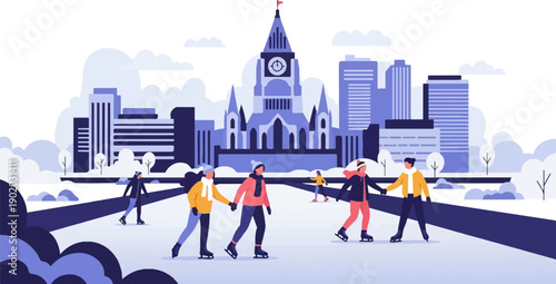 Cityscape with people ice skating on a frozen pond in front of buildings