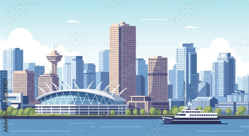 Cityscape with modern stadium, waterfront, and boat