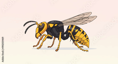 Detailed illustration of a striking yellow and black striped insect with transparent wings