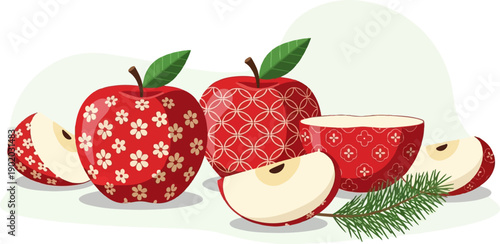 Decorative red apples with sliced pieces and pine sprig