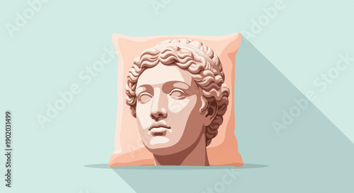 Classical bust head on a soft peach pillow, light blue background