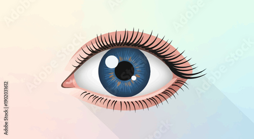 Close up of a blue eye with long lashes against a soft gradient background