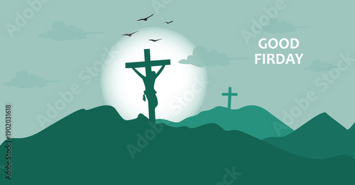 Jesus christ crucified on cross with two other crosses on mountain good friday background