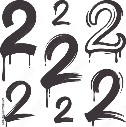 Collection of seven stylized gray number two graffiti drips spray