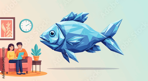 Couple relax on sofa with laptop as geometric fish floats nearby