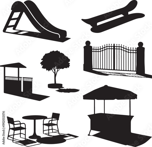 black silhouettes of park and garden objects and structures