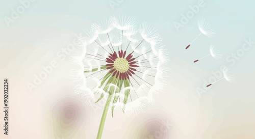 Delicate dandelion seed head with fluffy white seeds blowing in a soft pastel breeze