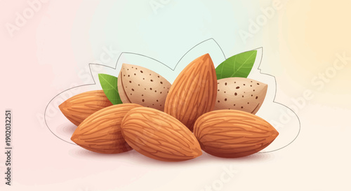 Close-up view of a pile of whole and halved almonds with green leaves