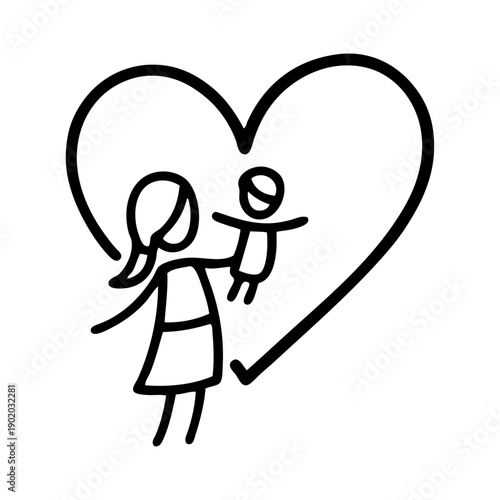 Logotipo del día de la madre con dibujo sencillo con líneas de una madre levantando a su hijo con un corazón de fondo 