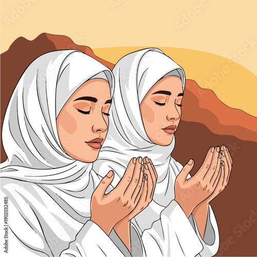 Two Muslim women praying with closed eyes and raised hands.