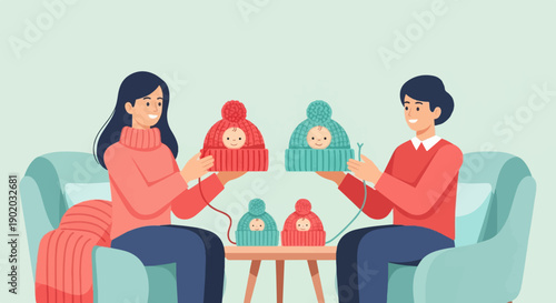 Couple knitting baby hats, one red, one teal, for their twins