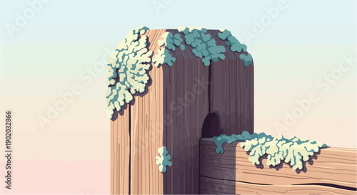 Close-up pixel art of wooden post and fence weathered by light blue lichen growth
