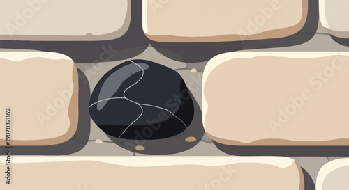 Close-up pixel art of a dark, smooth stone set between beige, rough-textured bricks
