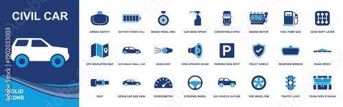 Civil car icon set. Containing engine, battery, fuel pump, gear shift, brake, headlight, horn, GPS map, parking sign, traffic light and more. Solid fill vector icons collection