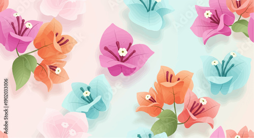 Colorful bougainvillea flowers in soft pastel shades drift across a light background