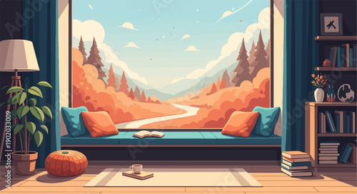 Cozy window seat with autumn mountain vista, books, and coffee