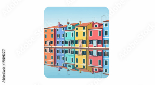Colorful buildings reflect in calm water under a clear sky