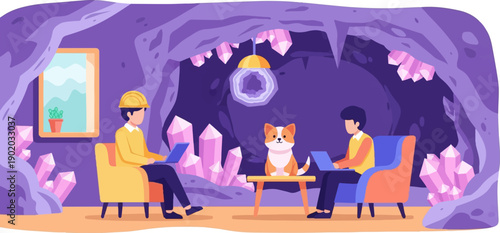 Cozy cave with crystals, people working on laptops, and a dog