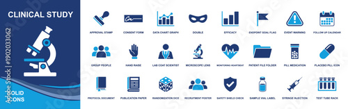 Clinical study icon set. Containing consent form, approval stamp, protocol, recruitment, randomization, placebo, efficacy, data chart, syringe, vial. Solid fill vector icons collection