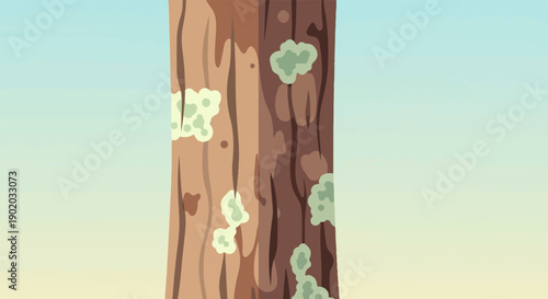 Close-up of tree bark with light green lichen against a soft gradient sky