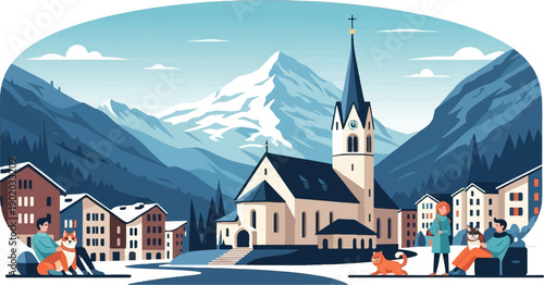 Cozy winter scene with people, dogs, and a church in a mountain village